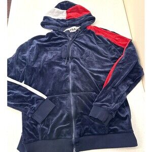 FILA Jacket Men XXL Navy Blue Velour Track Hoodie Big Spell Out Zip Up